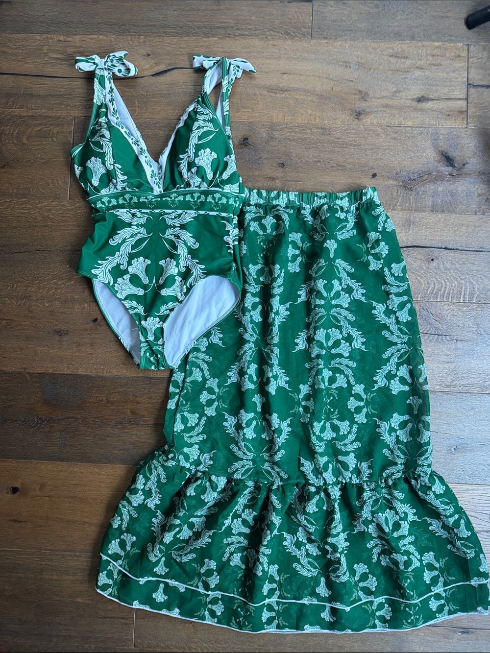 Green Floral One-Piece Swimsuit with Matching Maxi Skirt